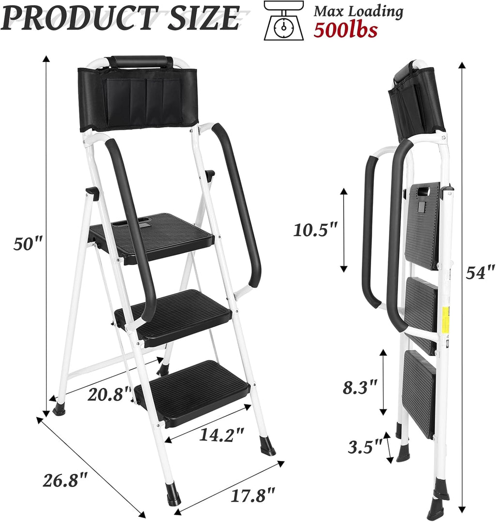 White 3 Step Ladder with Handrails & Attachable Tool Bag, 500 lbs Folding Step Stool X9543