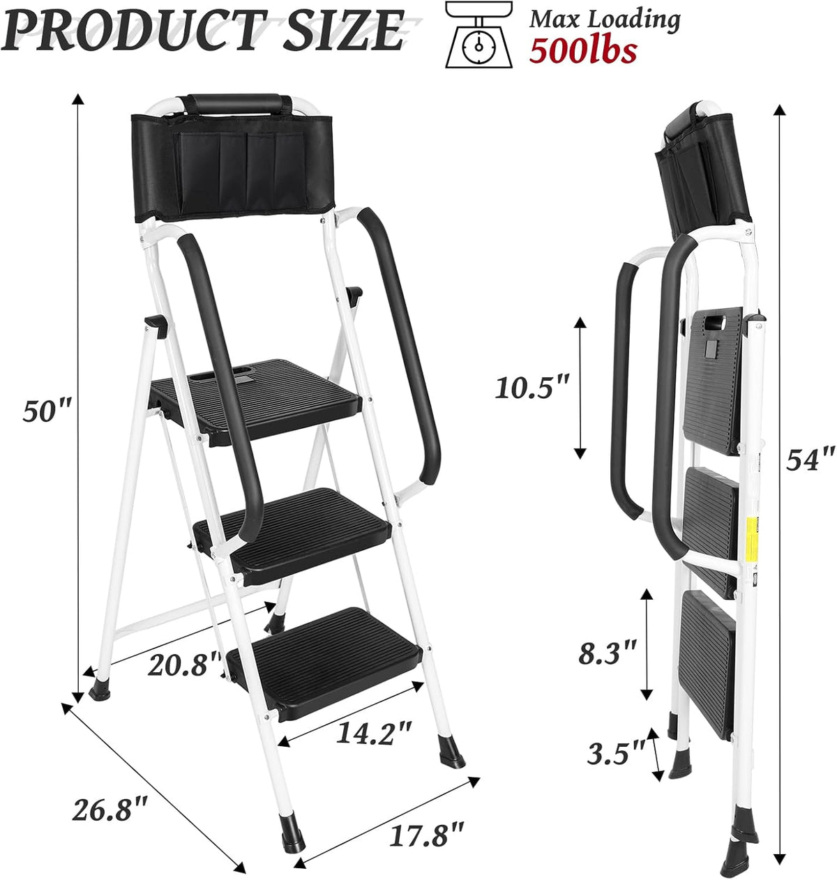 White 3 Step Ladder with Handrails & Attachable Tool Bag, 500 lbs Folding Step Stool X9543