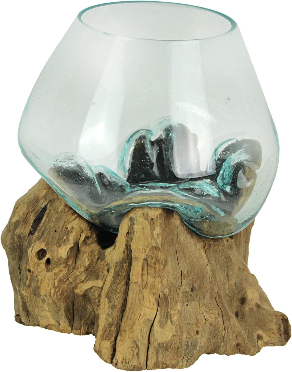 7-Inch Melted Glass and Teak Driftwood Centerpiece Bowl D8481