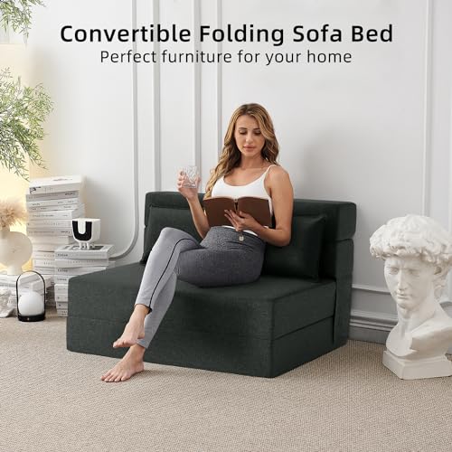 Dark Green Full Size Linen Folding Sofa Bed S599375