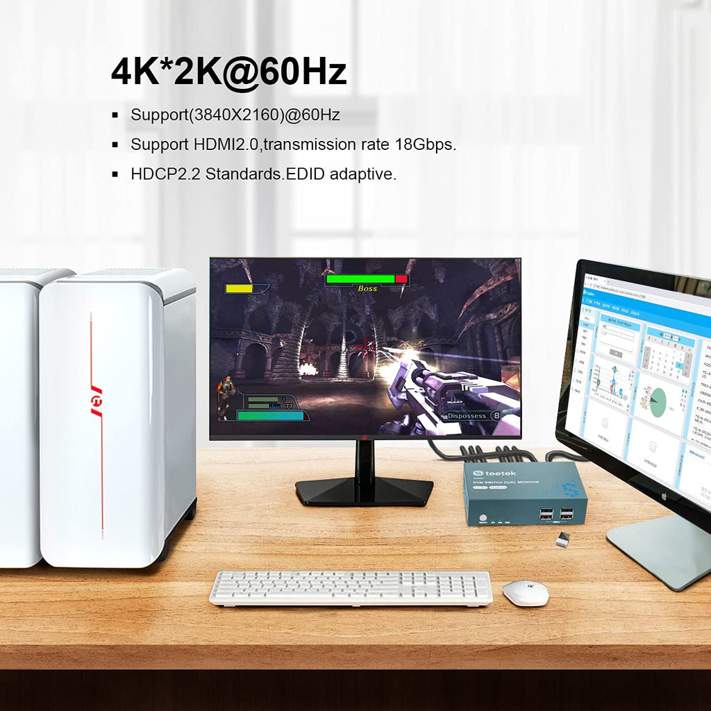 KVM Switch Dual Monitor HDMI 2 Port, 4K @ 60Hz, 4 USB 2.0 Hub F373779