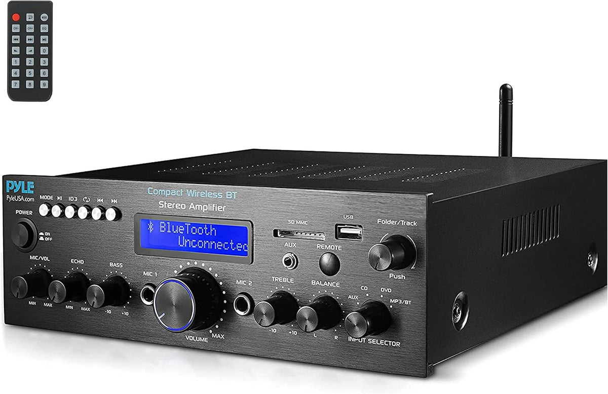 Pyle Compact Bluetooth Stereo Amplifier 200 Watt Desktop Audio Power Amp Receiver with FM Radio, MP3/USB/SD Readers, Digital LCD Display, Microphone Input S317601