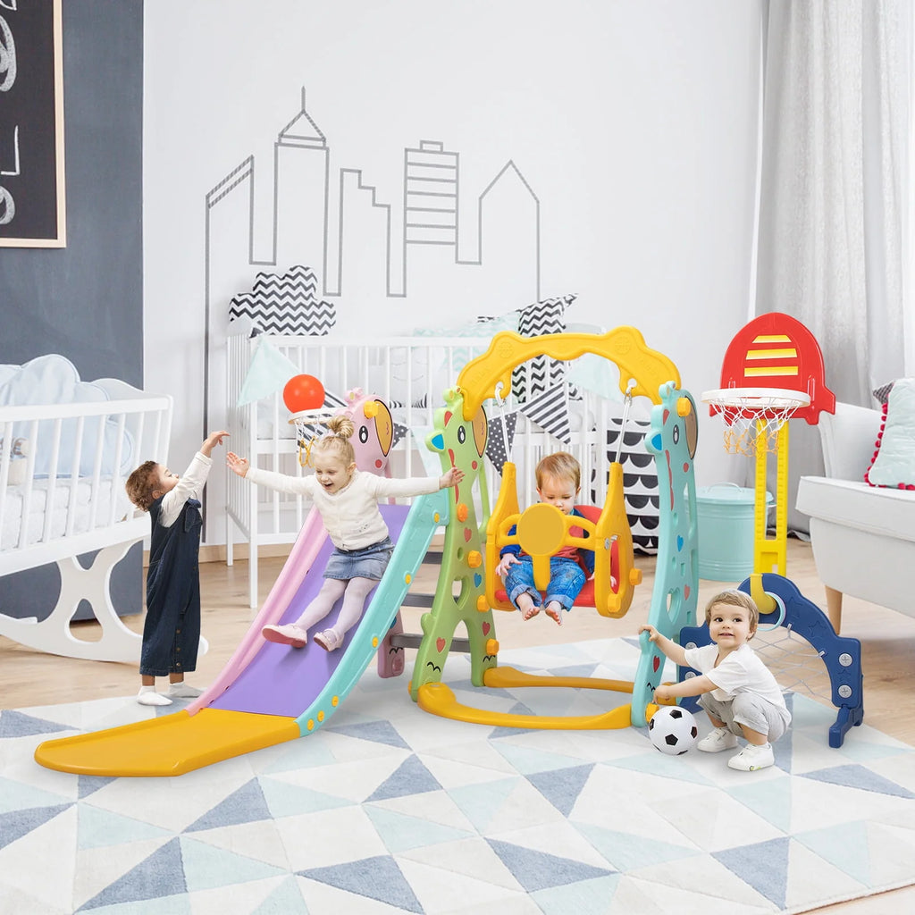 5-in-1 Toddler Climber and Swing Set with Slide, Football Gate and Basketball Hoops X457077