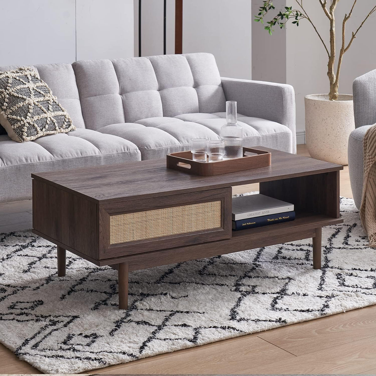 Rattan Cane Coffee Table with Sliding Doors X5947