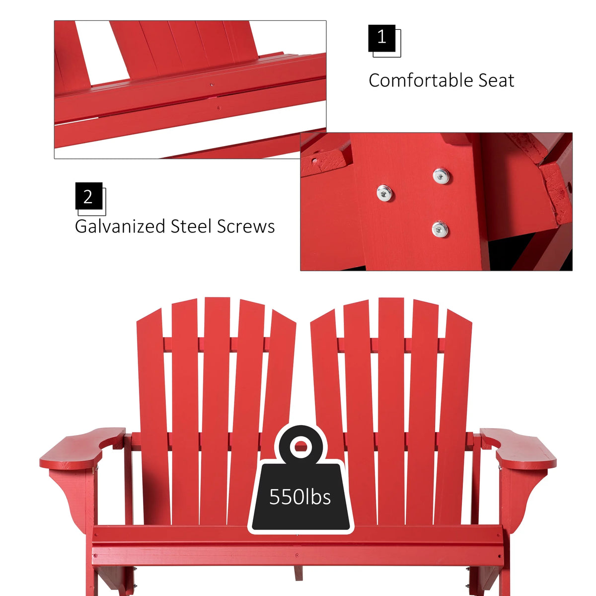 2 Person Wooden Adirondack Loveseat with High-back, Wide Armrests, Red E88607