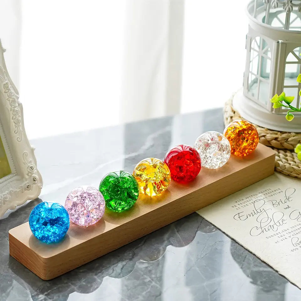 40mm Ice Cracked Crystal Chakra Balls with LED Wooden Base F400