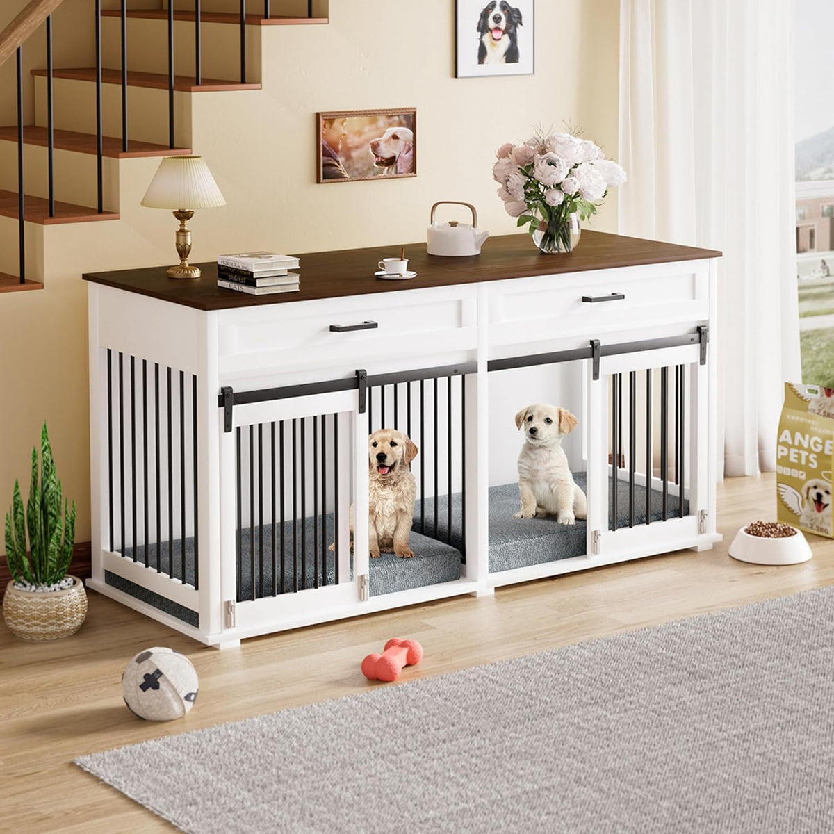 White Wooden Dog Crate with 2 Storage Drawers and Removable Divider G159