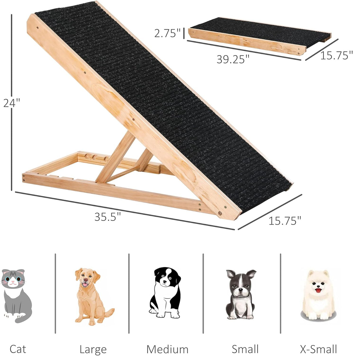 Elevated Pet Ramp, Foldable, Height Adjustable, Non-Slip Finish, Pine, 35.5" L x 16" W x 24" H, Black X4765