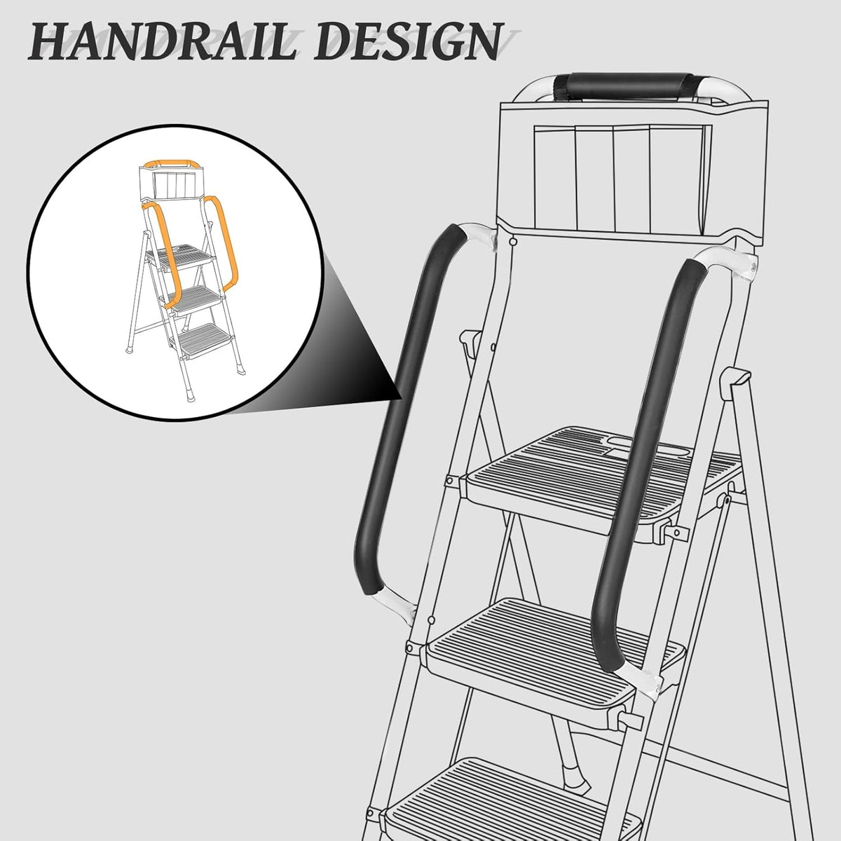 White 3 Step Ladder with Handrails & Attachable Tool Bag, 500 lbs Folding Step Stool X9543
