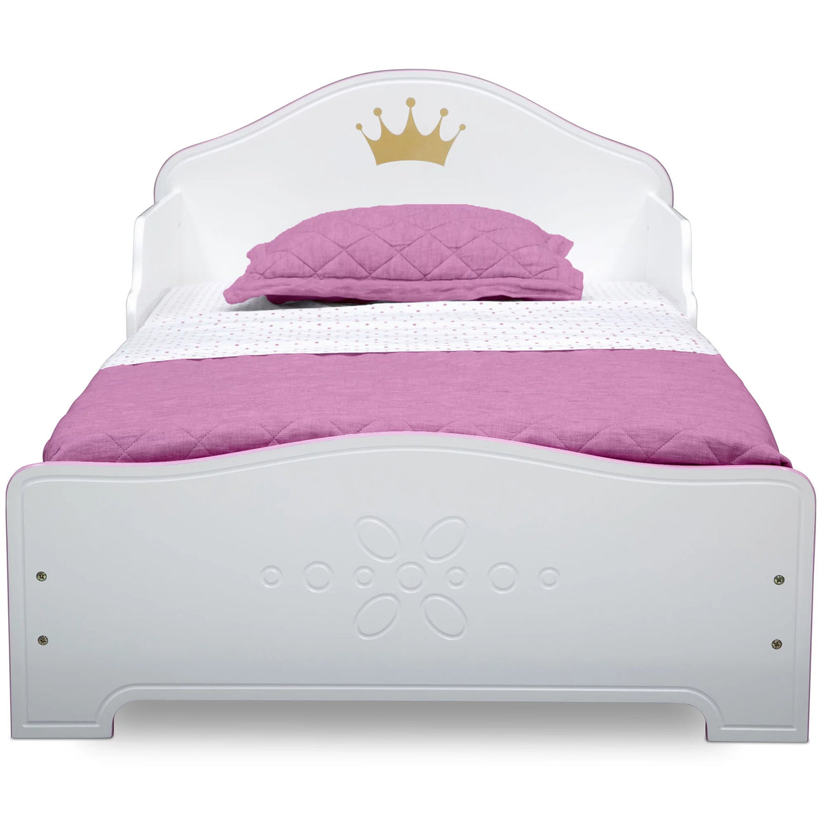 Wood Toddler Bed with Fabric Mattress Support, White/Pink X689317
