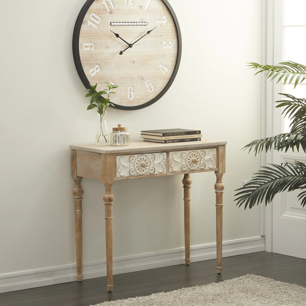 Brown Wood Carved 2 Drawers Console Table X625839