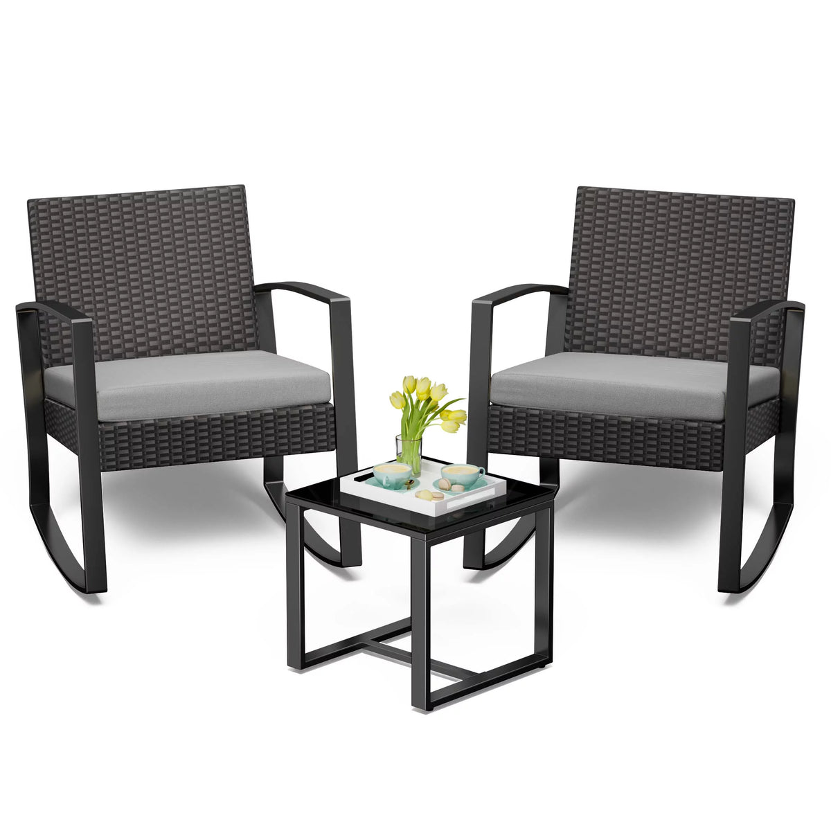 3 Pieces Wicker Patio Set with Glass Table Grey Cushion V3677