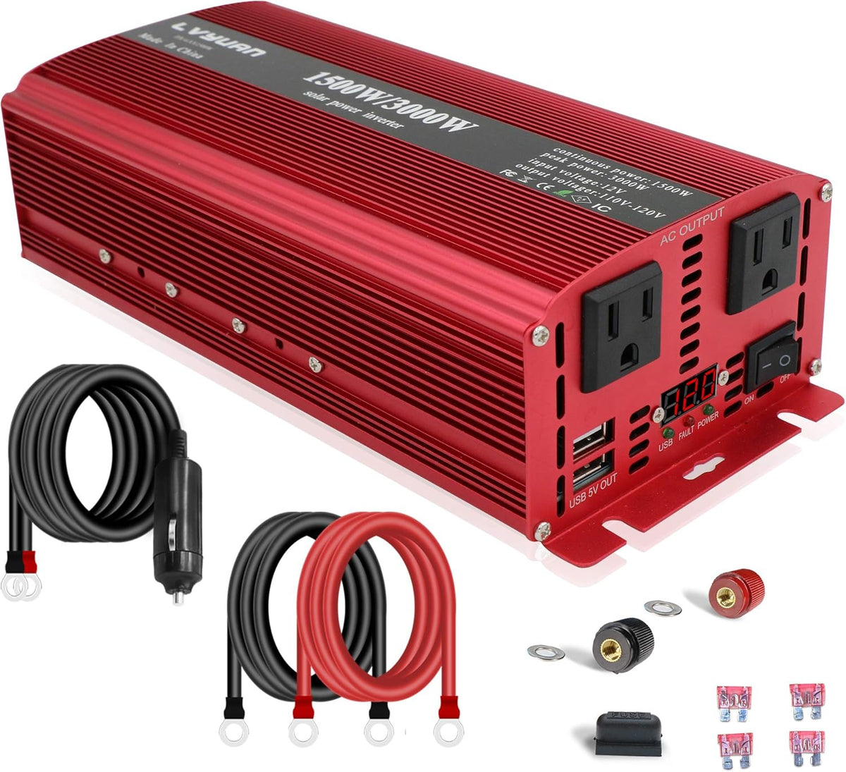 1500W Power Inverter Dual AC Outlets Dual USB DC 12V to 110V AC Car Inverter with Digital Display 4 External 40A Fuses Y1009