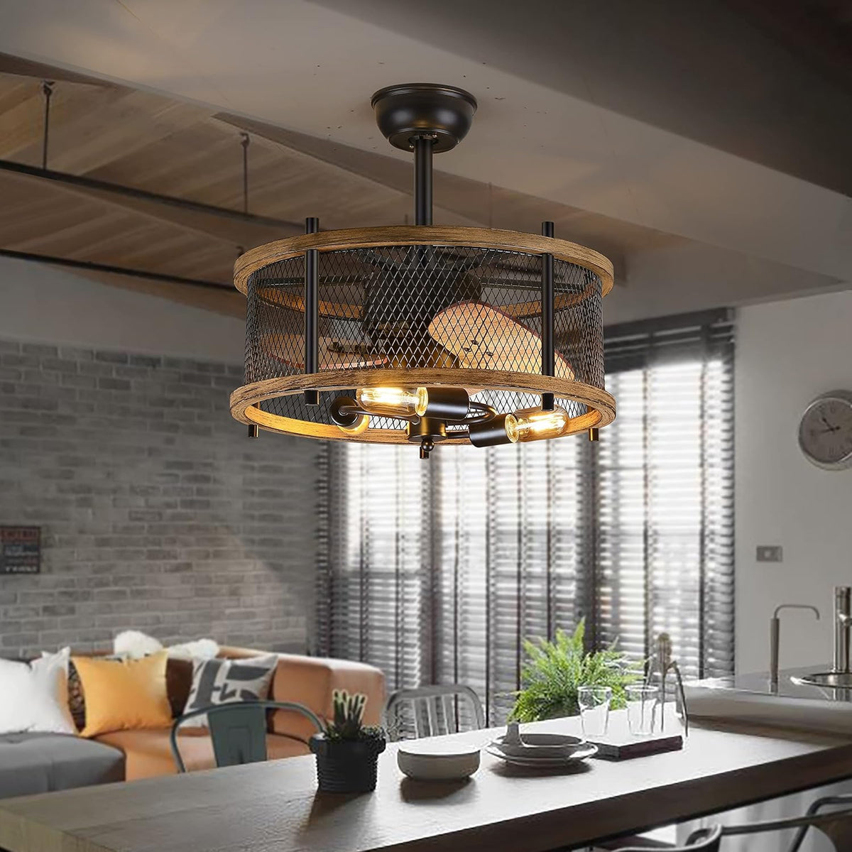 20-inch Industrial Caged Ceiling Fan with Lights Remote Control Q538793