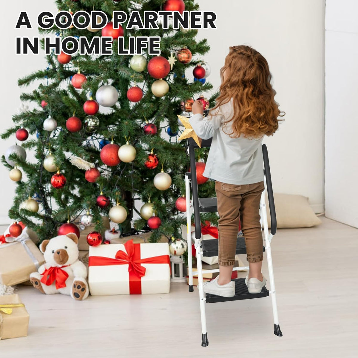 White 3 Step Ladder with Handrails & Attachable Tool Bag, 500 lbs Folding Step Stool X9543