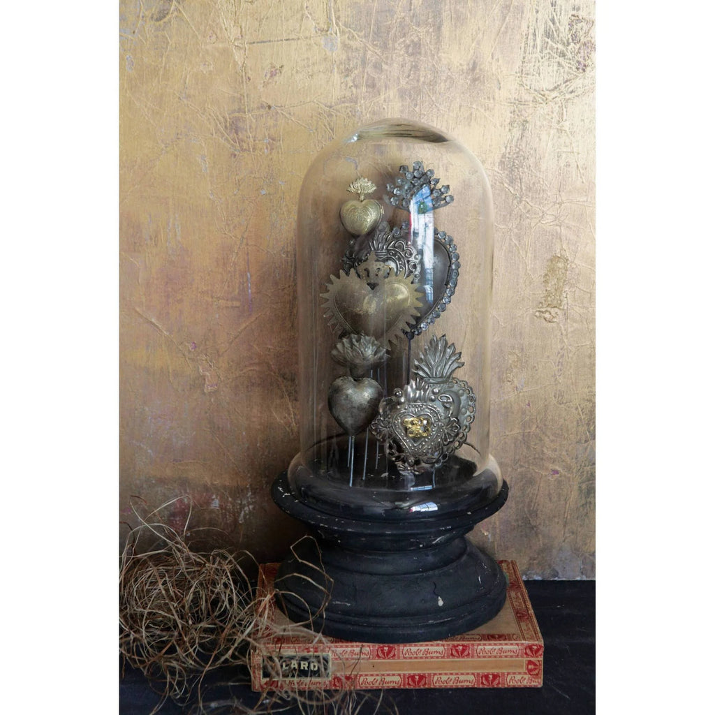 Sacred Hearts on Wood Pedestal with Glass Cloche X8926