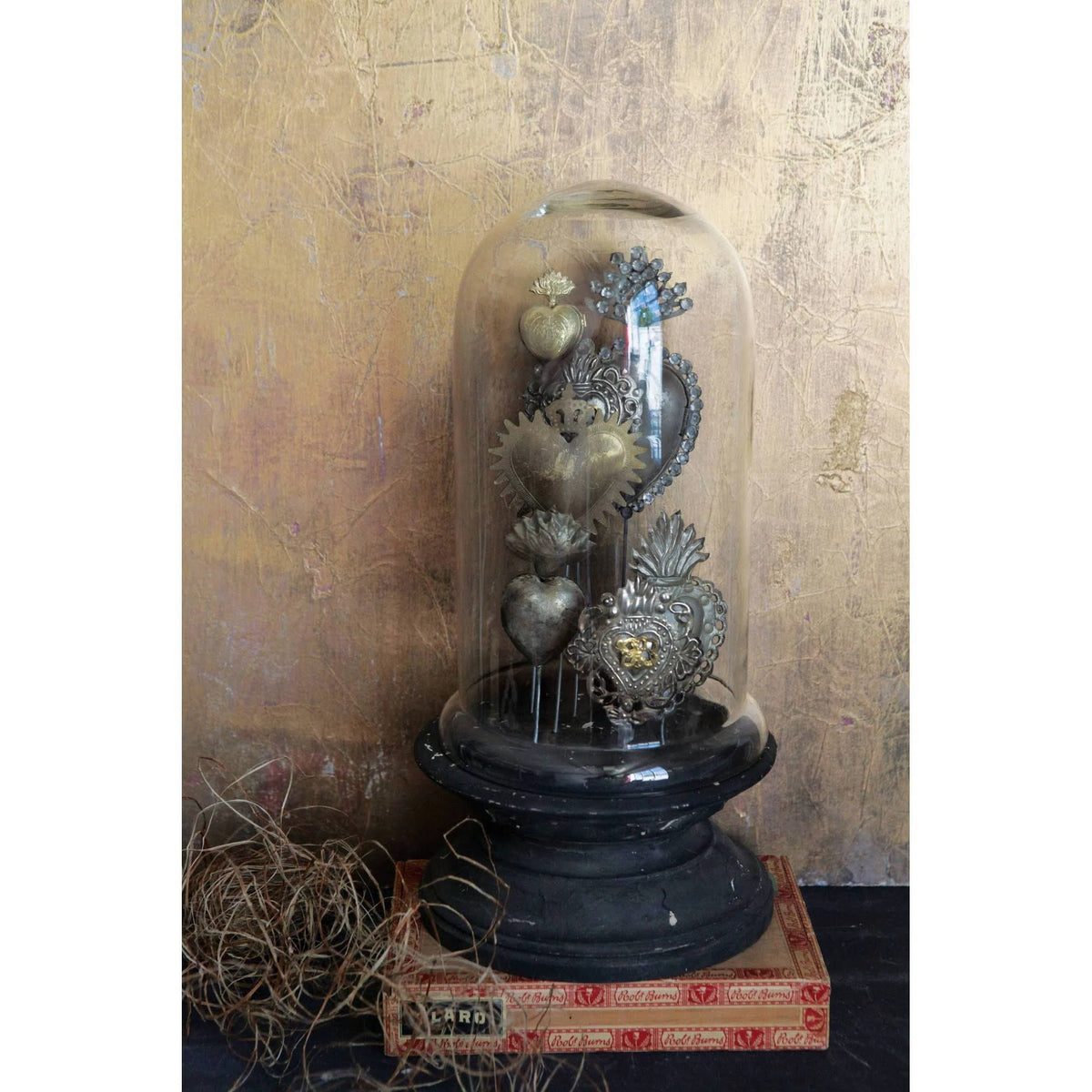 Sacred Hearts on Wood Pedestal with Glass Cloche X8926
