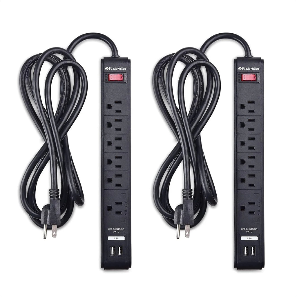 2-Pack 6 Outlet Surge Protector Power Strip with USB Charging Ports, 8 Foot Cord, Black V1251