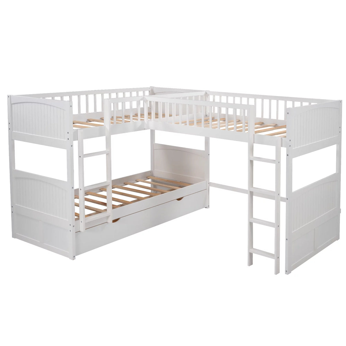Twin Size L-Shaped Wood Triple Bunk Bed with Drawers F630
