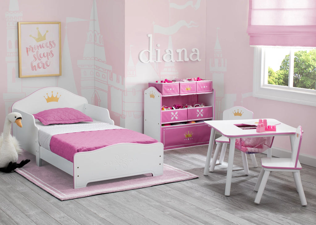 Wood Toddler Bed with Fabric Mattress Support, White/Pink X689317