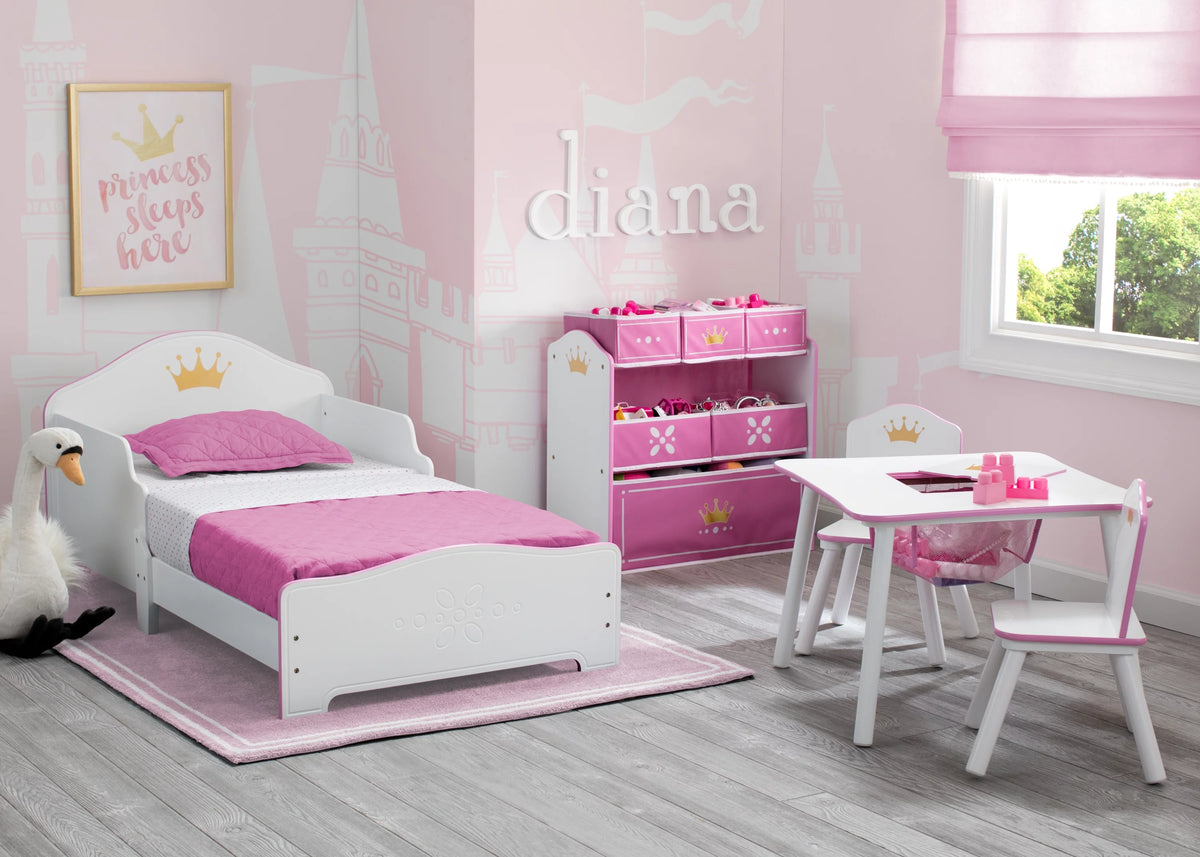 Wood Toddler Bed with Fabric Mattress Support, White/Pink X689317