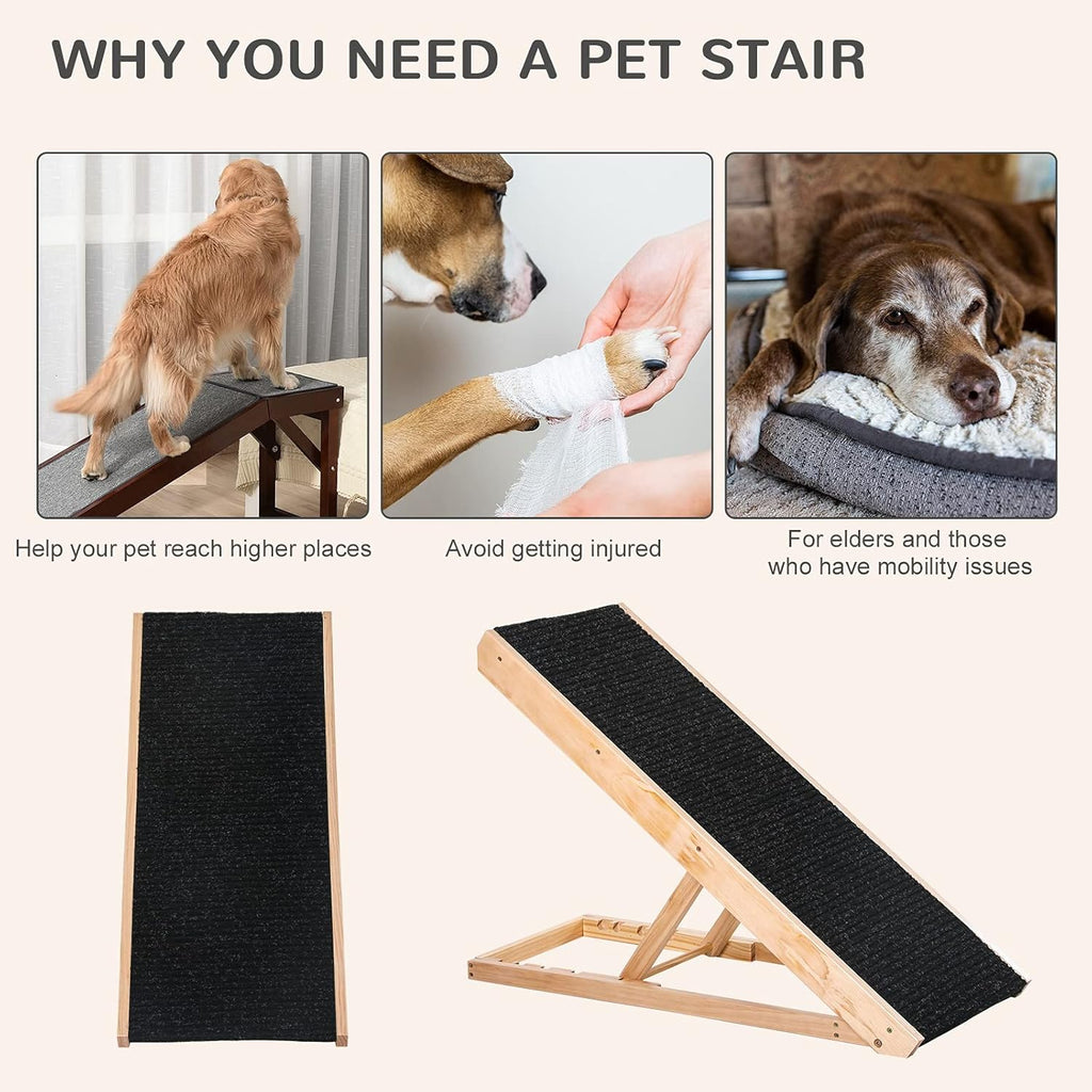 Elevated Pet Ramp, Foldable, Height Adjustable, Non-Slip Finish, Pine, 35.5" L x 16" W x 24" H, Black X4765
