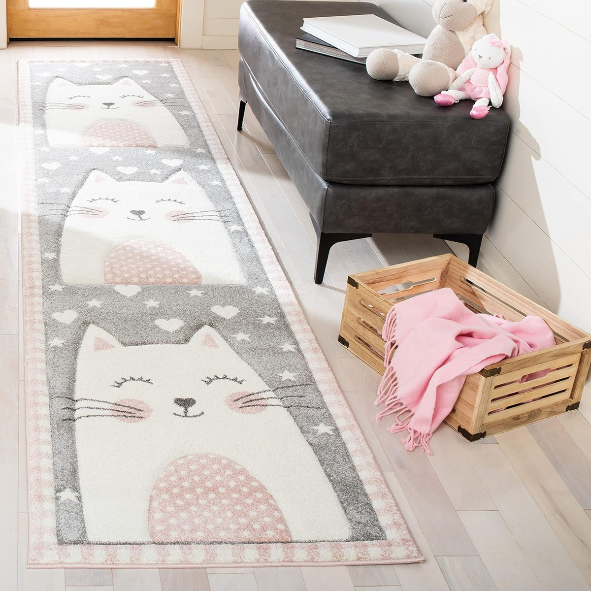 2'3" x 12' Pink & Grey Cat Design Runner Rug T43194
