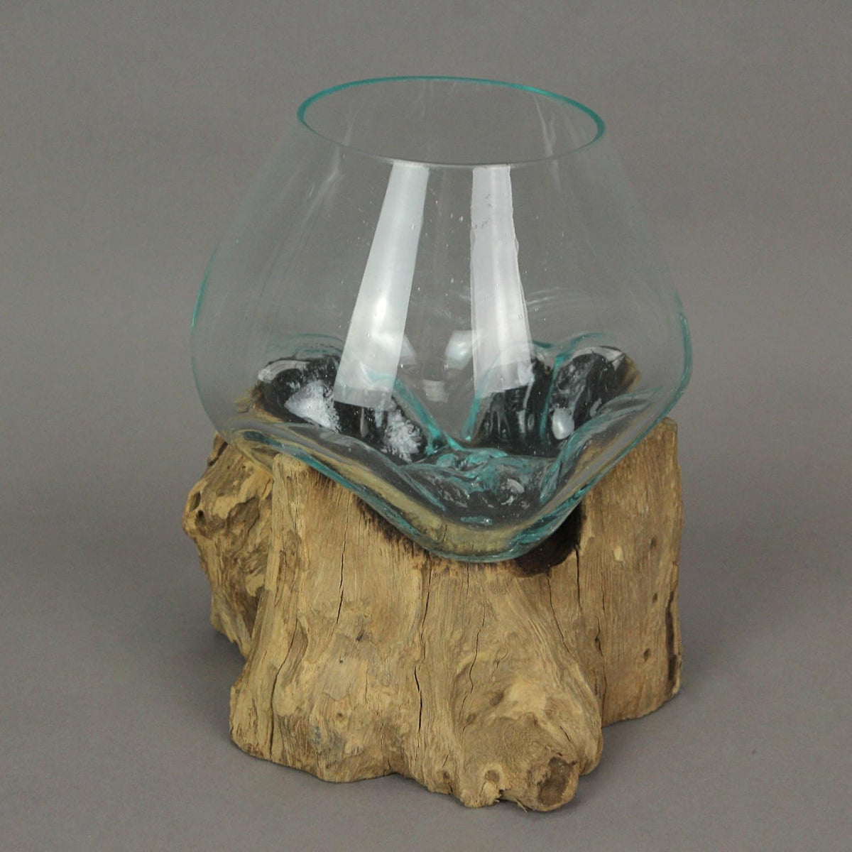 7-Inch Melted Glass and Teak Driftwood Centerpiece Bowl D8481