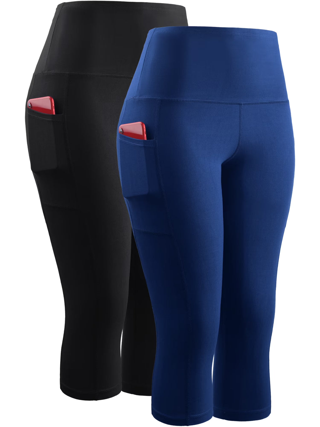 Black Blue High Waist Stretch Capri Leggings with Pockets A4343
