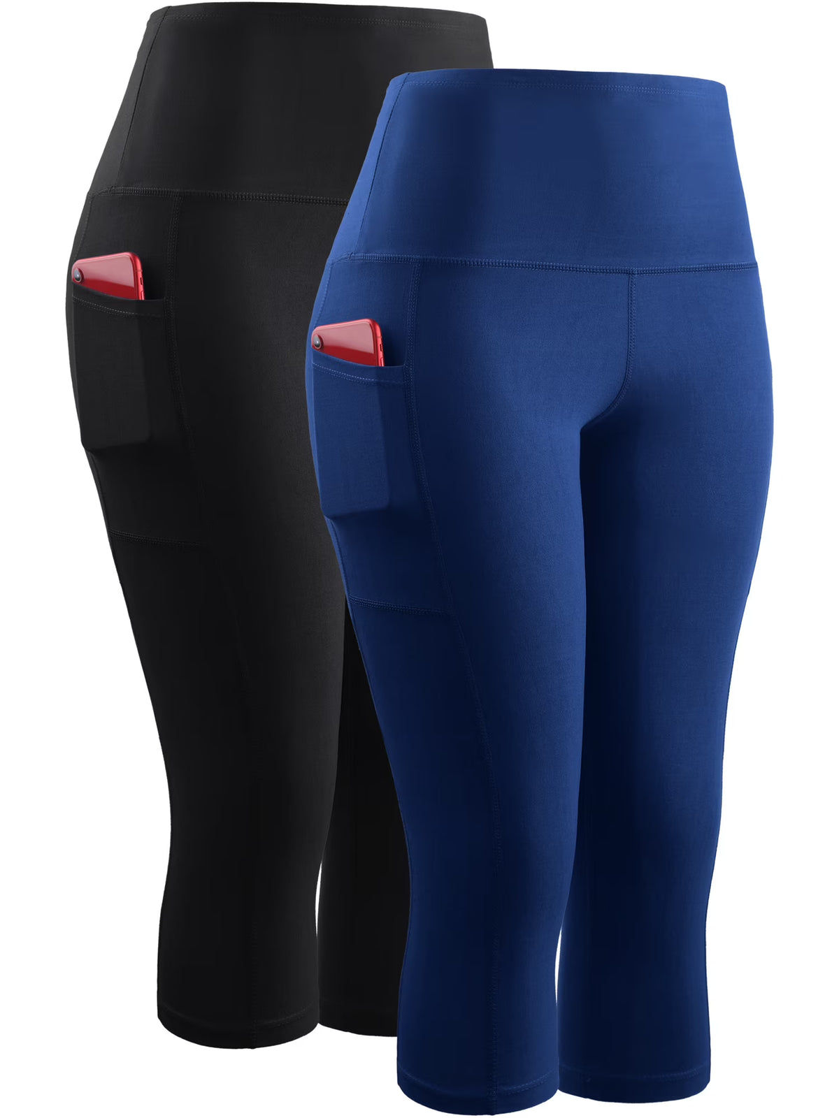 Black Blue High Waist Stretch Capri Leggings with Pockets A4343