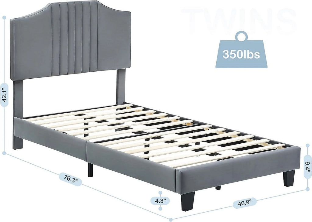 Twin Size Velvet Upholstered Platform Bed Frame with Headboard D176
