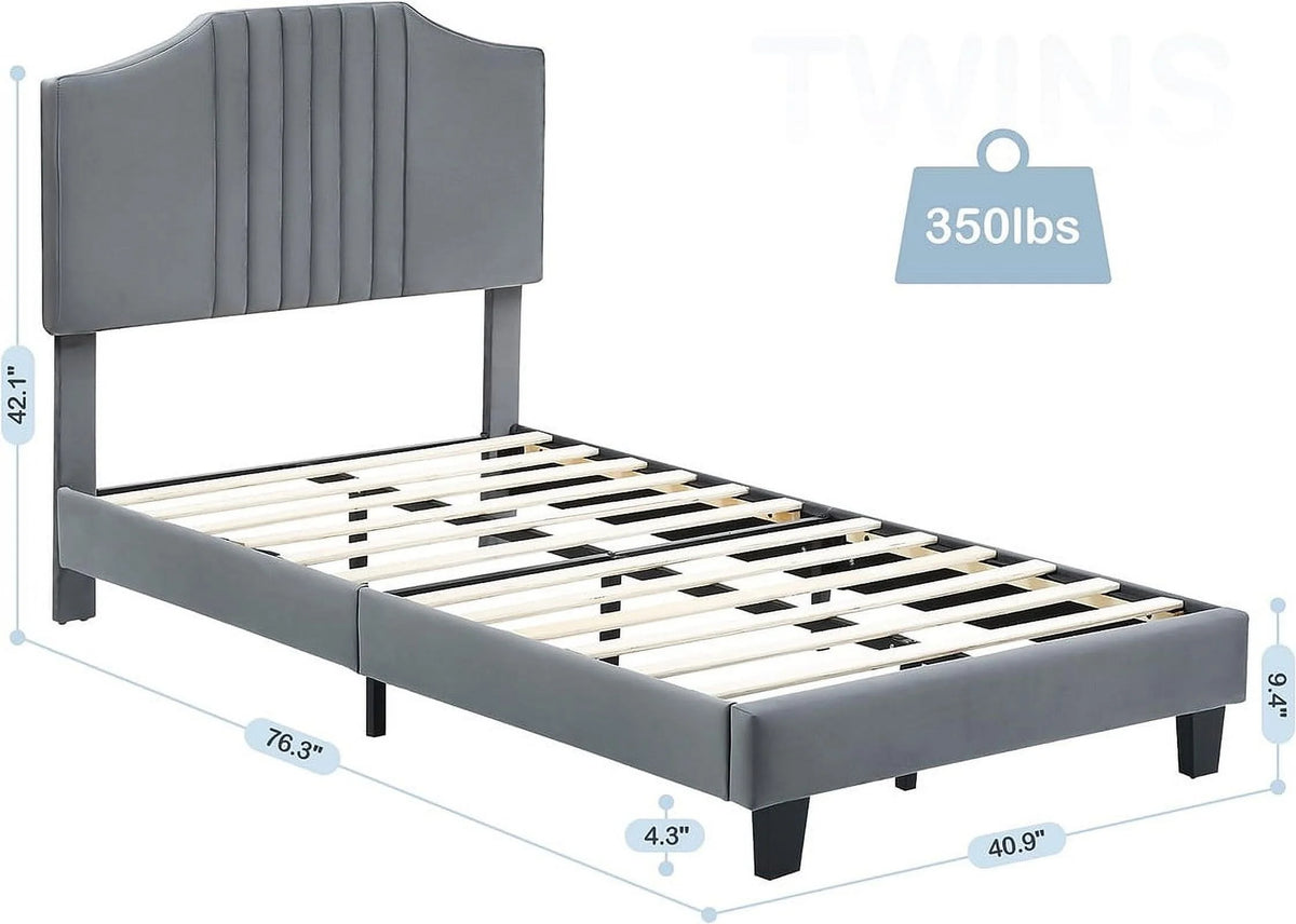 Twin Size Velvet Upholstered Platform Bed Frame with Headboard D176