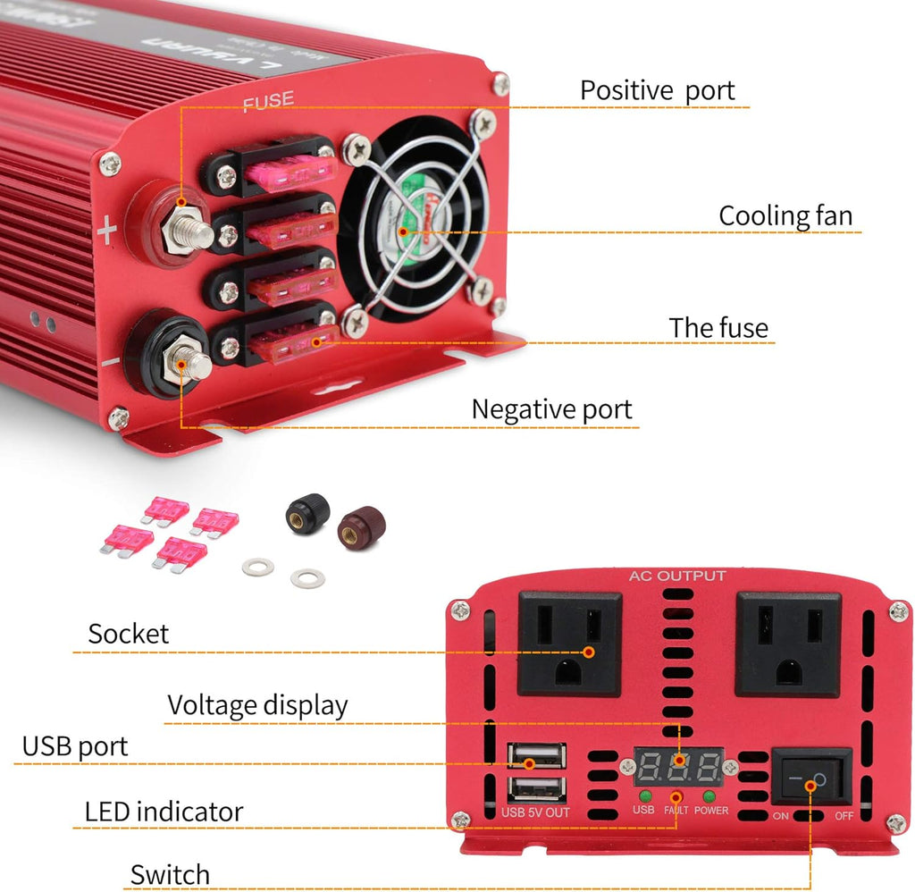 1500W Power Inverter Dual AC Outlets Dual USB DC 12V to 110V AC Car Inverter with Digital Display 4 External 40A Fuses Y1009