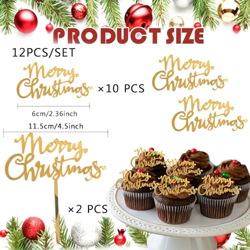 12 Pcs Christmas Cake Toppers Acrylic Mirror Gold W1687