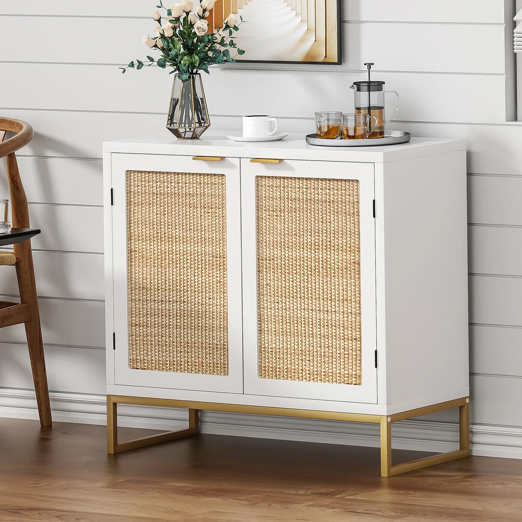 White 2 Rattan Doors Sideboard Buffet Cabinet with Shelf W694