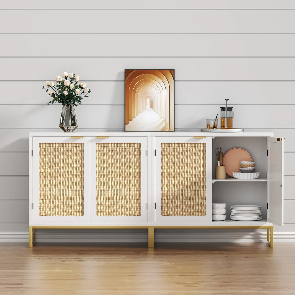 White 2 Rattan Doors Sideboard Buffet Cabinet with Shelf W694