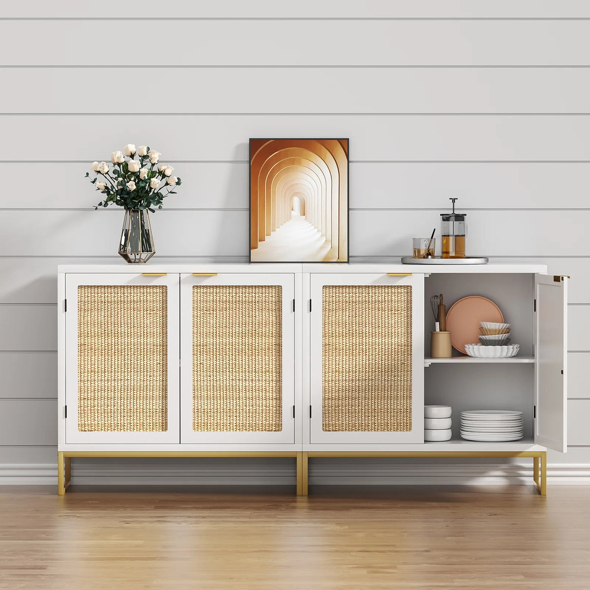 White 2 Rattan Doors Sideboard Buffet Cabinet with Shelf W694