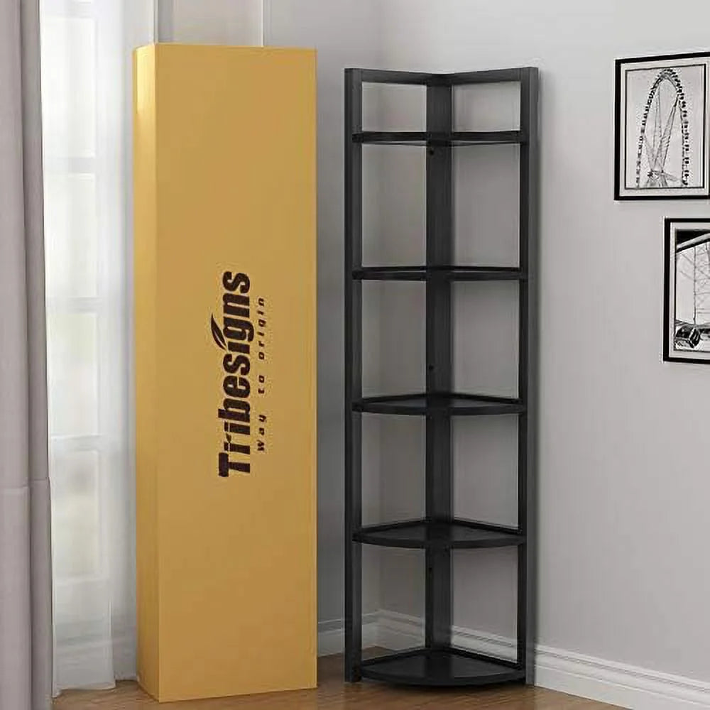 6 Tier 70.9 Inch Tall Corner Bookshelf Black I752597