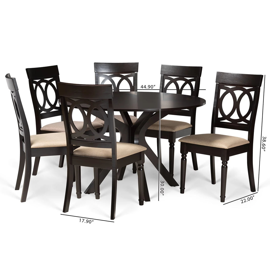 Sand Fabric Upholstered Dark Brown Wood 7-Piece Dining Set P7686
