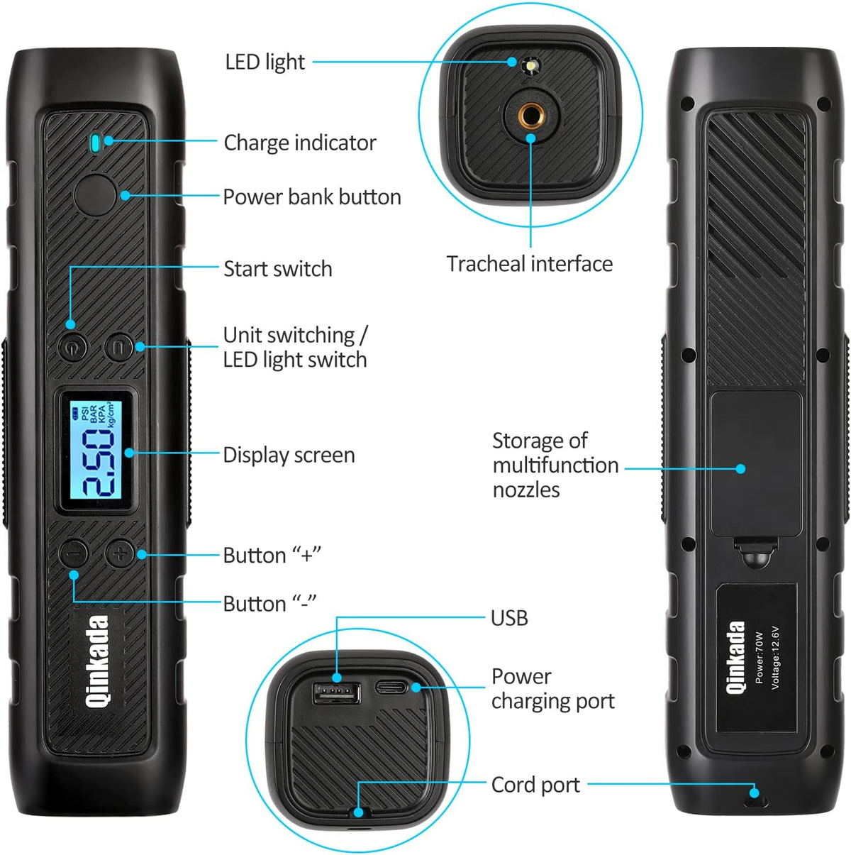 Portable Tire Inflator Air Compressor Pump 4500mAh Rechargeable Li-ion Battery with LED Light C8900