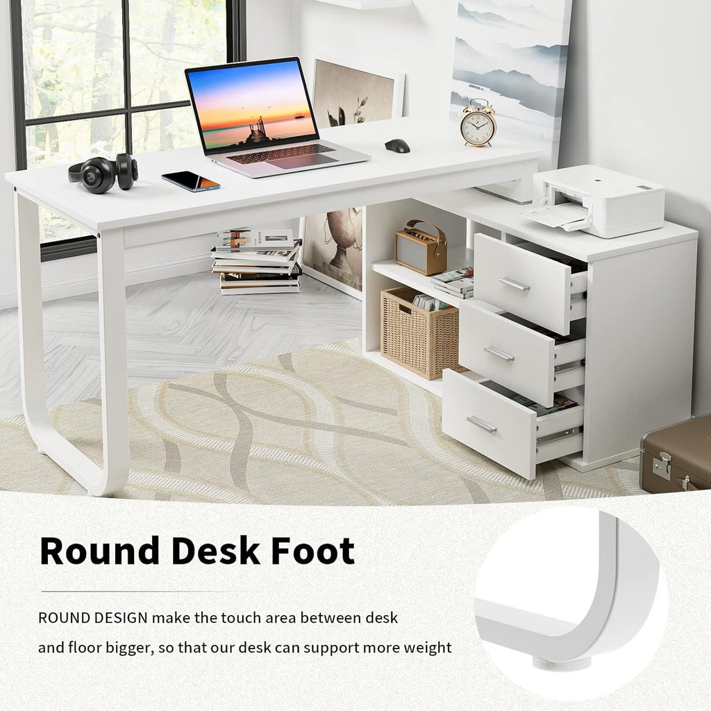 White L Shaped Desk with Drawers 55 inch Reversible Computer Desk with Shelves D947343