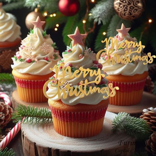 12 Pcs Christmas Cake Toppers Acrylic Mirror Gold W1687