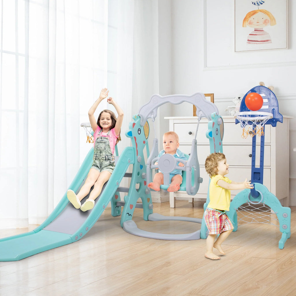 5-in-1 Toddler Climber and Swing Set with Slide, Football Gate and Basketball Hoops X457077