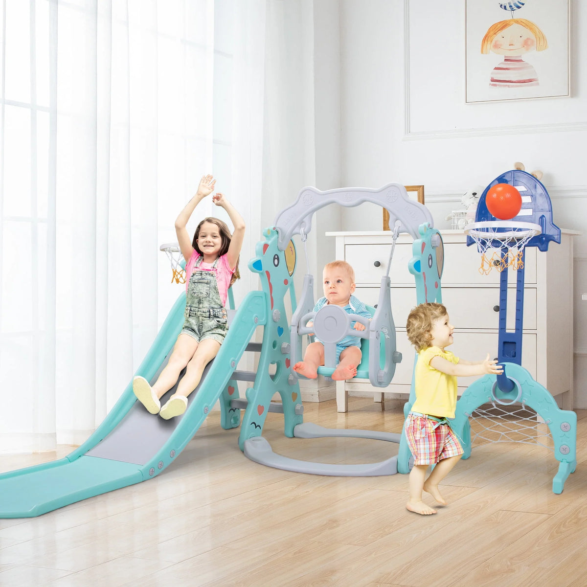 5-in-1 Toddler Climber and Swing Set with Slide, Football Gate and Basketball Hoops X457077