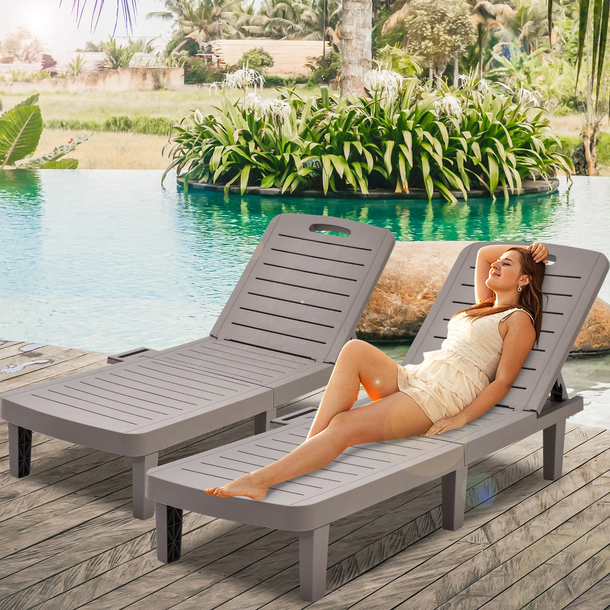 2 Pieces Patio Chaise Lounge Set with Side Table, White I708972