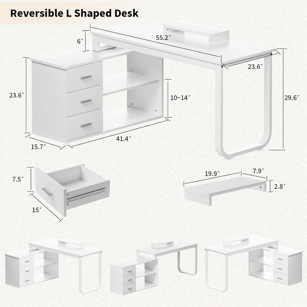 White L Shaped Desk with Drawers 55 inch Reversible Computer Desk with Shelves D947343