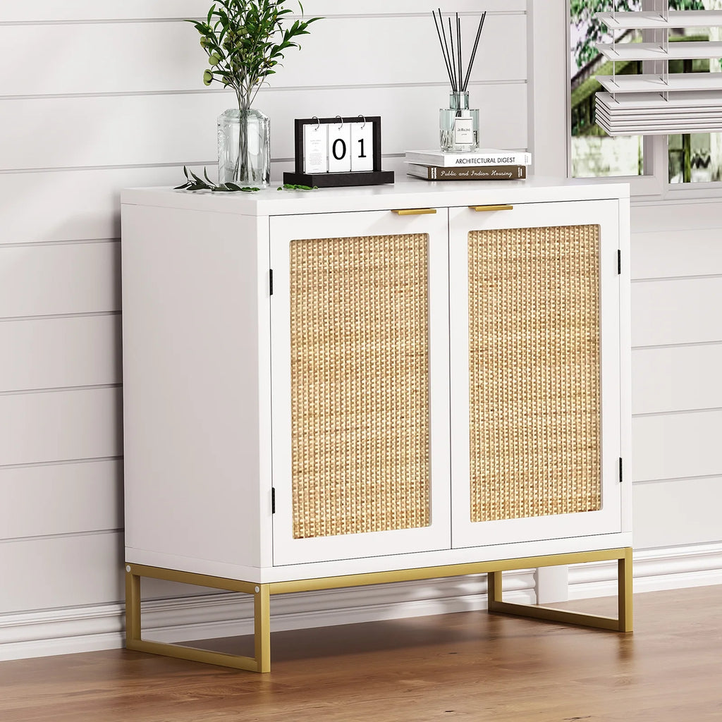 White 2 Rattan Doors Sideboard Buffet Cabinet with Shelf W694