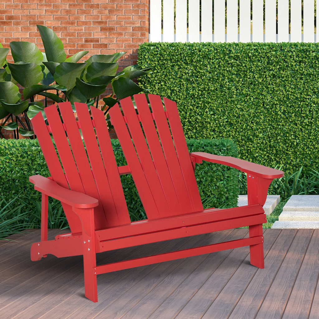2 Person Wooden Adirondack Loveseat with High-back, Wide Armrests, Red E88607