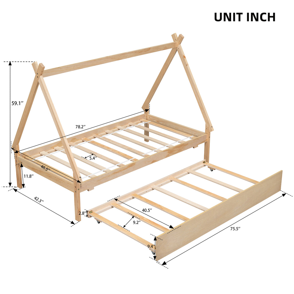 Natural Twin Size Teepee Bed with Trundle J162012