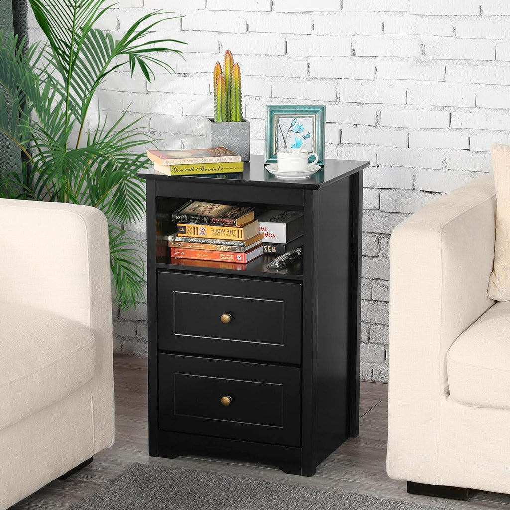 Black Tall End Table with 2 Drawers and Open Shelf U1724